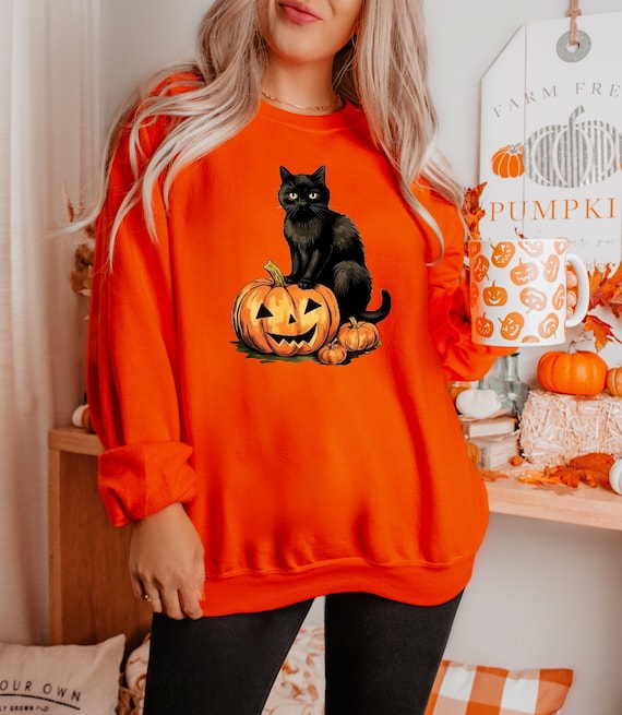 Black Cat on Pumpkin Sweatshirt Sweater for Fall Black Cat Sweater Halloween Black Cat Design Halloween Gifts for Cat Owner Cat Shirt Etsy UK
