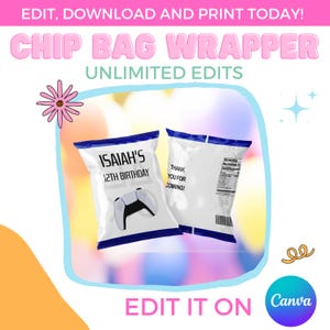 May include: A printable chip bag wrapper template featuring a white background with blue accents. The design includes a video game controller graphic and the text "ISAIAH'S 12TH BIRTHDAY" and "THANK YOU FOR COMING!" The template is editable and can be customized with your own text and images.