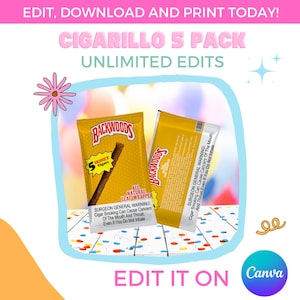 Puede incluir: Dos paquetes de cigarillos Backwoods, uno abierto, que muestra un cigarro. El empaque es amarillo con el nombre de la marca en rojo. El texto incluye "Honey Cigars" y una advertencia del Cirujano General. La imagen también contiene el texto "Edit, Download and Print Today!" y "Edit it on Canva."