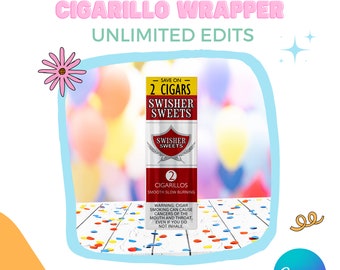 以下が含まれることがあります： 「Swisher Sweets」と「Save on 2 Cigars」の文字が書かれた赤と白のシガリロの包装紙。包装紙は、カラフルな紙吹雪が散らばった白い表面の上に置かれている。