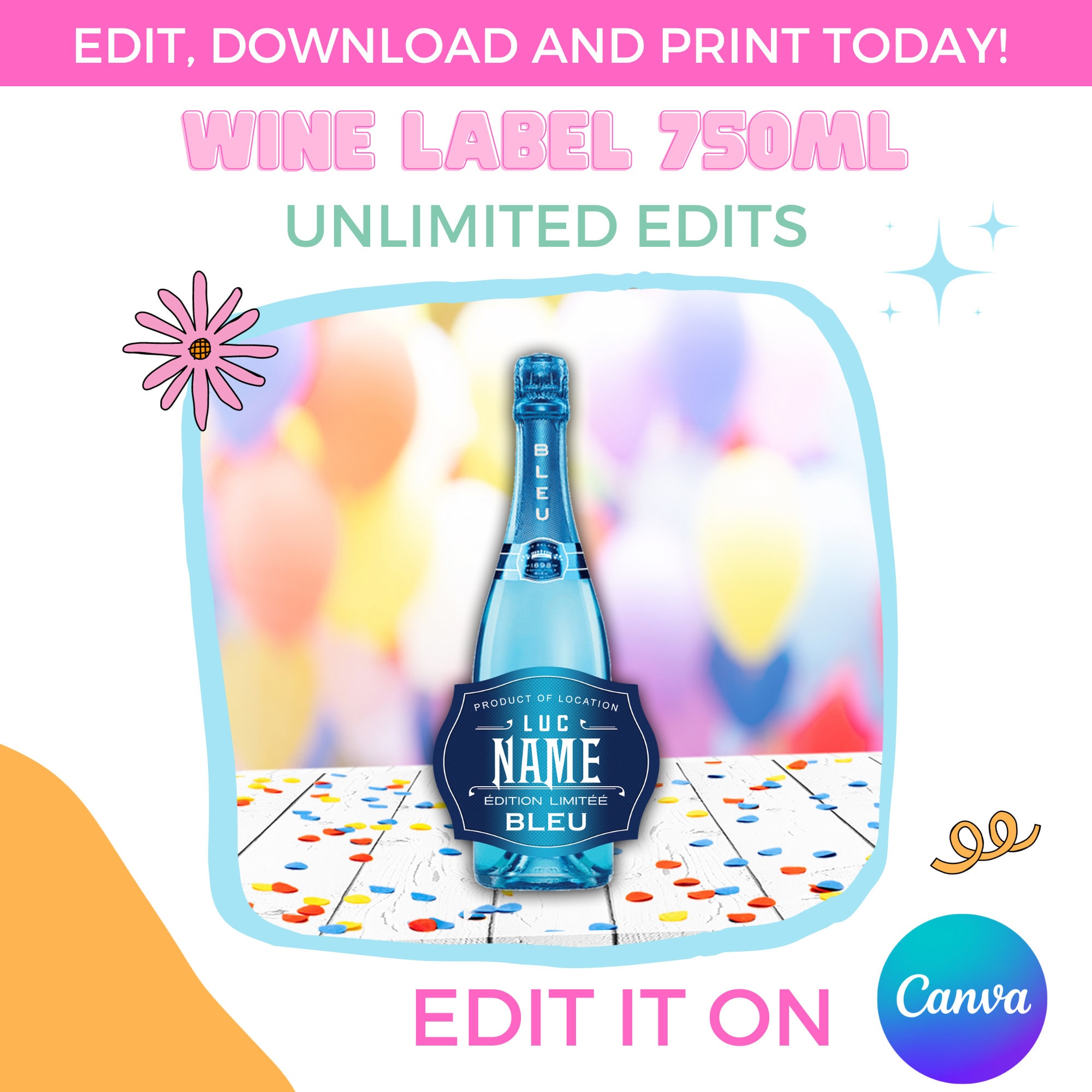 Wine Label Bleu 750ml | Canva Template | Instant Download | Unlimited Edits