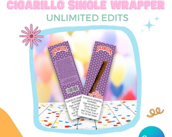 以下が含まれることがあります： 「CIGARILLO SINGLE WRAPPER UNLIMITED EDITS」というテキストが入った、シガリロシングルラッパーのデジタルデザイン。紫色のハニカム模様と茶色の葉巻が入ったBackwoodsのシガリロラッパーが2つあります。デザインには「EDIT IT ON Canva」というテキストが含まれています。
