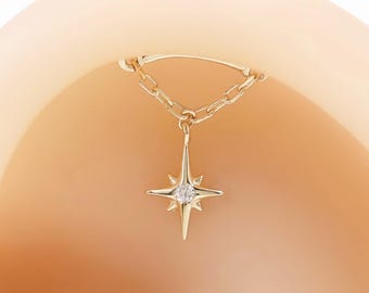 Pendiente colgante de cartílago con forma de estrella en oro macizo de 14k, piercing de hélice oculta, pendiente de botón, hecho a mano, parte trasera plana, sin rosca, joyería para piercing, regalo