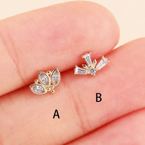 14K Solid Gold Flower Cartilage Earring Baguette Fletch Tragus Earring Gold Geometric Helix Stud Conch Stud Earring Flat Push Back Earring