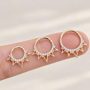 14k Solid Gold Cartilage Lotus Flower Clicker Septum Hoop Ring Gold Nose Ring Helix Daith Piercing Flower Petal Hinged Segment Clicker 16g