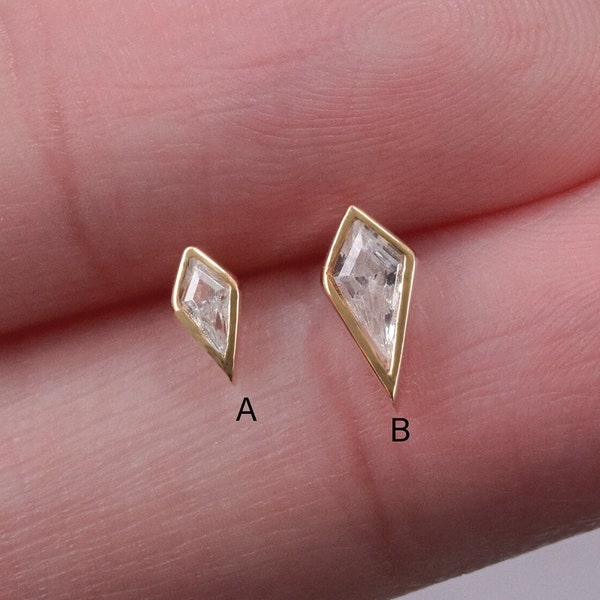 14k Solid Gold Diamond cut Cz Stud Earring Kite Shape Helix Stud Rhombus Cartilage Earring Conch Tragus Earring Bezel Flat Back Earring 20g