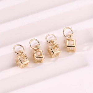 14k Solid Gold Cube Charm Moving Inside CZ Cube Charm Tiny Hollowed Cube Stud Charm Dainty Hollowed Cartilage Tragus Earring Charm
