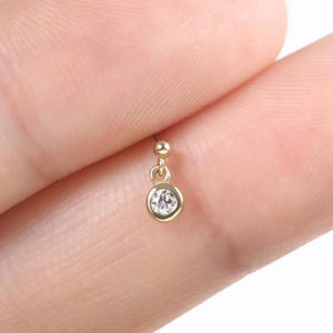 14K Solid Gold Diamond Dangle Stud Earring, Minimalist Bezel Drop Cartilage Earring, Tiny Dangling Tragus Helix Conch Flat Back Piercing