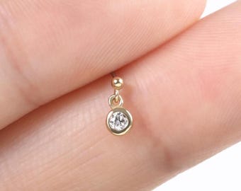 14K Solid Gold Diamond Dangle Stud Earring, Minimalist Bezel Drop Cartilage Earring, Tiny Dangling Tragus Helix Conch Flat Back Piercing