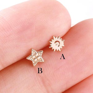 14K Solid Gold Sun and Star Stud Earring Mismatched Cartilage Piercing Threadless Tiny Helix Tragus Flat Back Earring Jewelry Gift for Her
