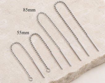 14K Solid White Gold Bead & Cable Threader Earring Dainty Bar Chain Cartilage Helix Pull Through Minimalist Long Chain Upper Lobe Piercing