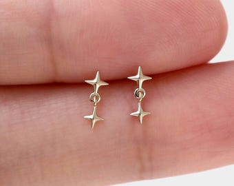 14K Solid Gold Double Star Helix Stud Earring Dangle Celestial Star Cartilage Handmade Fine Gold Minimalist Tragus Earlobe Piercing Jewelry