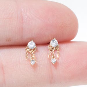 14k Solid Gold Double Chain Dangle Cartilage Earring Helix Stud Tragus Piercing Conch Earring Flat Back Threadless Piercing Jewelry
