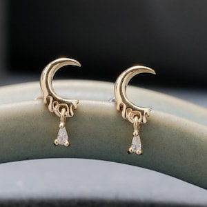 14K Solid Gold Moon Dripping Dangle Earring Cartilage Helix Tragus Conch Stud Nose Labret Piercing Tiny Stud Earring Flat Back Gift For Her
