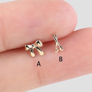 14k Solid Gold Scissors Internally Threaded Stud Bow Tragus Earring Conch Helix Piercing Tiny Cartilage Earring Screw Flat Back Earring