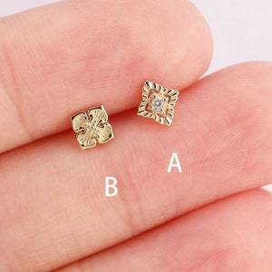 14K Solid Gold Flower Cartilage Earring Rhombus Floral Tragus Earring Gold Geometric Helix Stud Conch Stud Earring Flat Push Back Earring