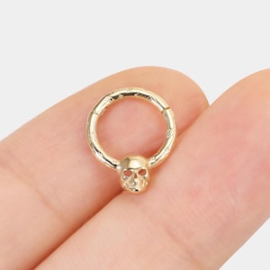 14k Solid Gold Skull Hoop Danity Cartilage Ring Nose Ring Hinged Earring Daith Conch Helix Gold Piercing Cartilage Rook Septum Jewelry 16g