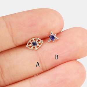 14k Solid Gold Tanzanite CZ Star Stud Eye Cartilage Earring Tragus Earring Conch Stud Helix Piercing Threadless Flat Push Back Earring
