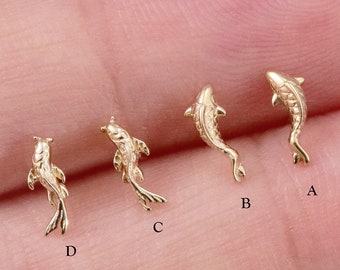 14k Solid Gold Koi Fish Cartilage Earring Tiny Tragus Stud Helix Conch piercing cute stud earring minimalist earrings flat back earring