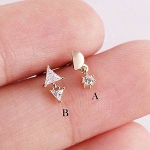 14K Solid Gold Triangle Stone Dangle Threadless Stud, Gold Drop Earring, Dangle Piercing, Flat Back Earring, Conch, Tragus Stud Gift For her