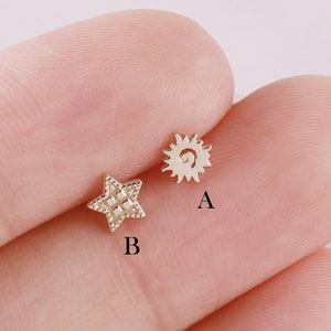 Brincos de sol fofos em ouro maciço 14K, piercing de cartilagem em forma de estrela, pino em forma de hélice em forma de estrela, brinco com parte traseira plana, brinco de concha, pino para tragus, presente para ela