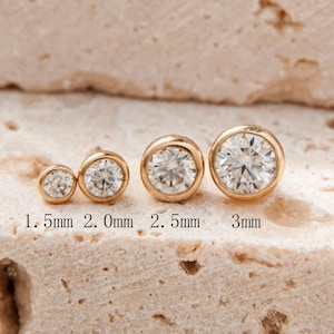 14k Solid Gold Moissanite Stud Bezel Setting Cartilage Earring Tragus Conch Helix Labret Piercing Screw Flat back Earring Gift For Her 18g