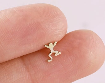 14k Solid Gold Frog Stud Earrings Gold Helix Stud Conch Stud Tragus Earring Frog Cartilage Earring Animal Stud Flat Back Earring