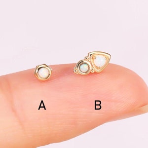 14k Solid Gold Round Opal Stud Earring Gold Stacking Nature Gemstone Helix Conch Tragus Piercing Geometry Cartilage Stud Tiny Flat Push Back