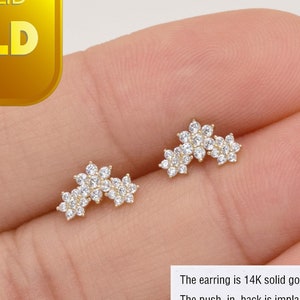 14k Solid Gold Three Flowers Cartilage Piercing Dainty Flower Flat Back Earring Helix Tragus Conch Stud Screw Backing Earring