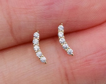 14k Solid Gold Tiny Climber Stud Earring Threadless earring Conch piercing Helix Stud Tragus Stud Minimalist CZ Bar Flat Back Earring