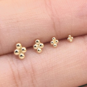 Aretes de oro macizo de 14 k con forma de bola y cuatro puntos minimalistas, con forma de caracola, para hélix, trago, con pasador de presión, para labio y parte trasera plana.