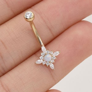 14k Solid Gold Flower Opal Belly Button Ring Dainty Opal Navel Piercing Threaded Navel Belly Ring Barbell Piercing Jewelry 14g