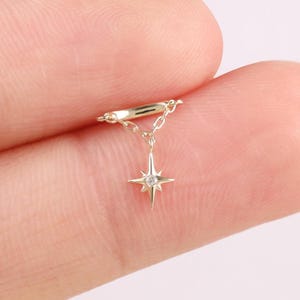 14k Solid Gold Starburst Dangle Cartilage Earring Hidden Helix Stud Tragus Piercing Conch Earring Flat Back Threadless Piercing Jewelry