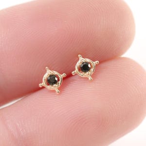 14k Solid Gold Compass Design Stud Earring Gold Black Spinel Cartilage Piercing Helix Tragus Conch Stud Threadless Flat Back Earring