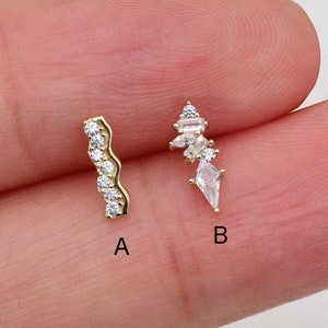 14k Solid Gold Wave CZ Cartilage Earring Ear Climber Crawler Earring Helix Stud Tragus Conch Earring Rhombus Cluster Stud Flat Back Earring