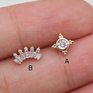 14K Solid Gold Crown Tragus Piercing Baguette Climber stud Bead & Round Bezel Earring Cartilage Stud Conch Helix Piercing Flat Back Earring