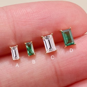 14K Solid Gold Tiny Baguette Cartilage Flat Back Labret Emerald Conch Earring Cartilage Stud Helix Stud Tragus Earring Flat Back Earring 20g