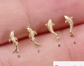 14k Solid Gold Koi Fish Cartilage Earring Tiny Tragus Stud Helix Conch piercing cute stud earring minimalist earrings flat back earring