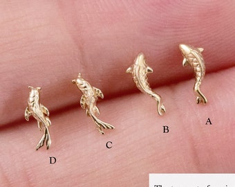 14k Solid Gold Koi Fish Cartilage Earring Tiny Tragus Stud Helix Conch piercing cute stud earring minimalist earrings flat back earring 20g