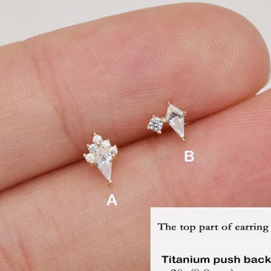 14k Solid Gold Threadless Push Pin Cartilage Rhombus Cartilage Tiny Conch Earring Kite shape Helix Stud Tragus Earring Flat Back Earring 20g