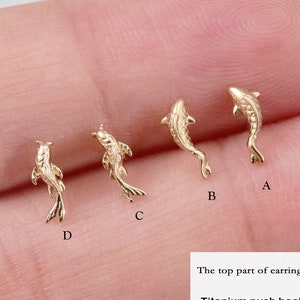 14k Solid Gold Koi Fish Cartilage Earring Tiny Tragus Stud Helix Conch piercing cute stud earring minimalist earrings flat back earring 20g zdjęcie 1