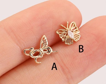14k Solid Gold Delicate Butterfly Tragus Stud Earring Snake Flat Back Stud Earring Minimalist Lobe Earring Helix Cartilage Gold Piercing