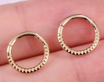 14k Solid Gold Dainty Pyramid Cut Septum Hoop Nose Ring Thin Cartilage Hoop Tragus Helix Daith Rook Conch Hoop Ring Hinged Clicker Jewelry