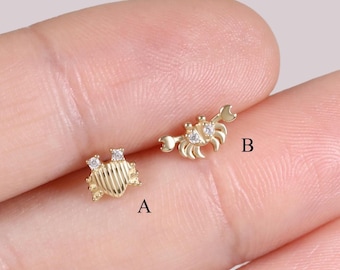 Tiny Creatures: 14K Solid Gold Tiny Crab Helix Earring Ocean Animal Cartilage Earring Minimalist Crab Earlobe Conch Beach Piercing Gift