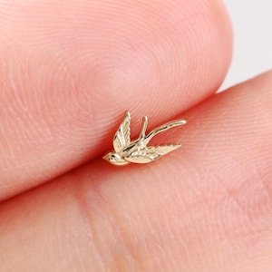 Tiny Creatures: 14K Solid Gold Swallow Helix Stud Earring Dainty Cartilage Flat Back Tiny Bird Upper Earlobe Tragus Piercing Jewelry