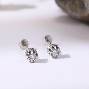14k White Solid Gold Diamond Earring/Tiny Helix Conch Tragus Stud/Push In Labret/Threadless Flat Back Earring/Minimalist Nose Piercing