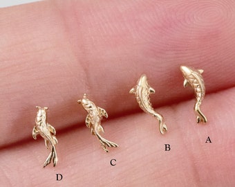 14k Solid Gold Koi Fish Cartilage Earring Tiny Tragus Stud Helix Conch piercing cute stud earring minimalist earrings flat back earring