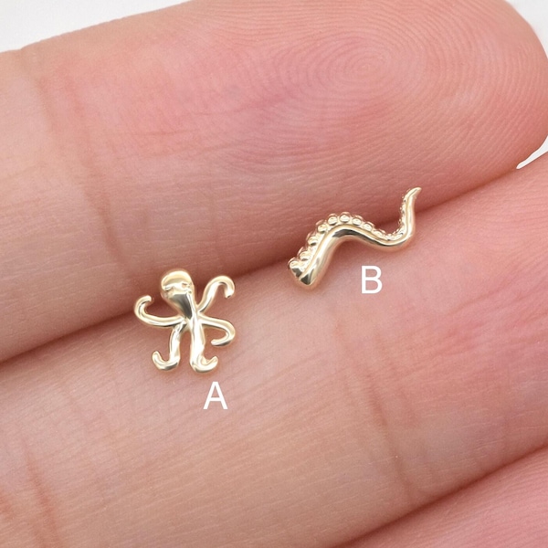 14k Solid Gold Tiny Octopus Threadless Earring Gold Tentacle Stud Conch Earring Helix Stud Tragus Stud Cephalopod Jewelry Flat Back Earring
