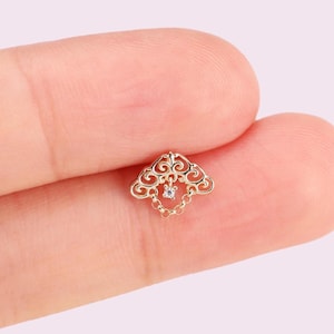 14k Solid Gold Pattern Butterfly Dangle Chain Stud Exquisite Dangle Earring Chain Stud Moissanite Flat Back Earring Conch Helix Piercing