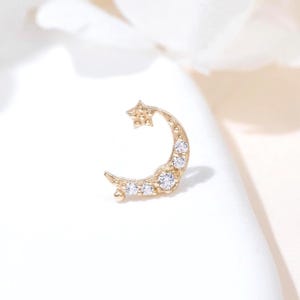 14k Solid Gold Moon Stud Earring Star Stud Cartilage Piercing Helix Tragus Conch Earring Flat Back Earring Treadless End Gift For Her
